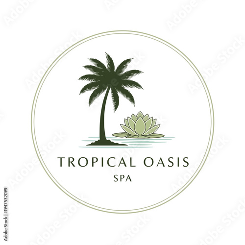 A circular logo with a palm tree, lotus flower, and water elements, reading "Tropical Oasis SPA