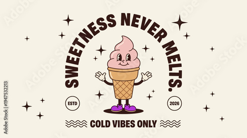 Retro Vintage Cartoon Ice Cream Character Illustration in Rubber Hose Style, Sweetness Never Melts Mascot Poster