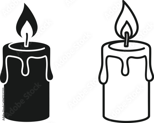 Black and white candles with melted wax and flame Vector