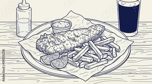 Classic British Fish and Chips Illustration, Hand-Drawn Sketch of Fried Fish Fillet, Crispy Fries, Tartar Sauce, and Beer on a Rustic Wooden Table Background