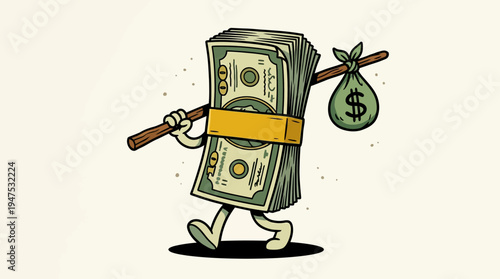 Cartoon Dollar Bill Character Walking with Bindle Stick, Representing Financial Loss, Inflation, and Capital Flight Illustration