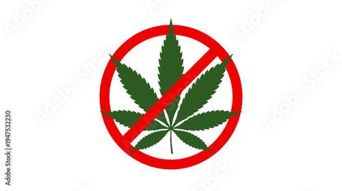 No Marijuana Prohibited Sign with Cannabis Leaf Isolated on White Background. Red Prohibition Symbol for Drug-Free Zone and Anti-Drug Campaigns.