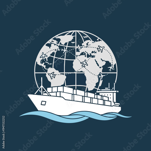 Global cargo ship sailing under a world map with airplane routes