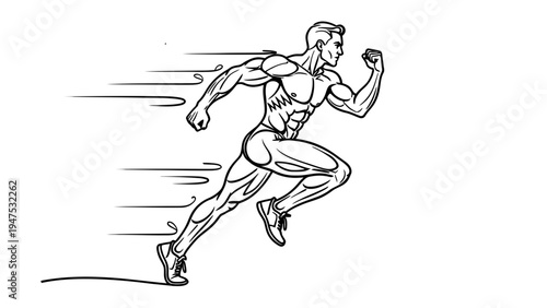 Dynamic sketch of a muscular man running with speed lines.