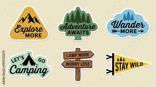 Set of Retro Outdoor Adventure and Camping Stickers Featuring Motivational Quotes, Mountain Landscapes, Pine Trees, and Vintage Design Elements for Travel and Exploration