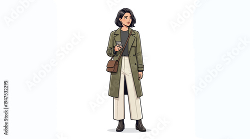 Vector Illustration of a Fashionable Young Woman Wearing a Green Trench Coat and Trousers, Standing with a Smartphone against a White Background