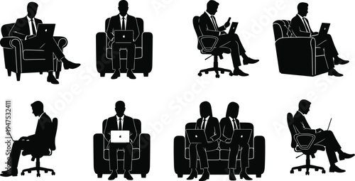 Business professionals silhouettes working on laptops seated in office chairs and sofas, remote work concept, corporate people vector illustration set