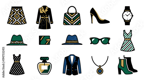 Elegant Fashion and Luxury Accessory Icon Set in Green, Blue, and Gold