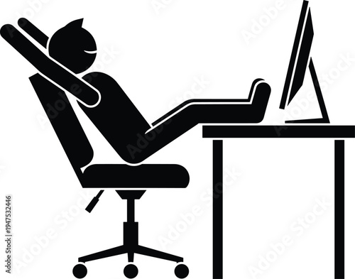 Businessman silhouette relaxing and stretching at office desk with computer, reclining on chair during break, workplace lifestyle vector illustration