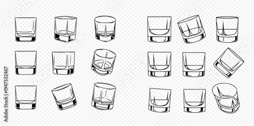 Set of empty whiskey glasses, shot glass, and rock glass illustrations, isolated on a transparent background.