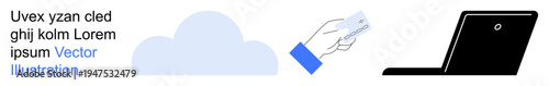 Cloud storage, digital payment, online security, data access, remote technology, internet storage. Hand holding a card, cloud and laptop. Cloud storage and digital payment concept