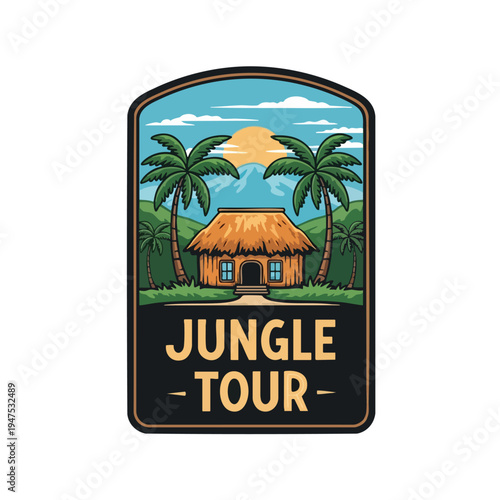 Patch logo with thatched hut, palm trees, mountains, and "Jungle Tour" text