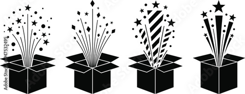 Black silhouette illustrations of open boxes with starburst, diamond, striped, and tapered celebratory designs, ideal for party, festive, or creative design themes.
