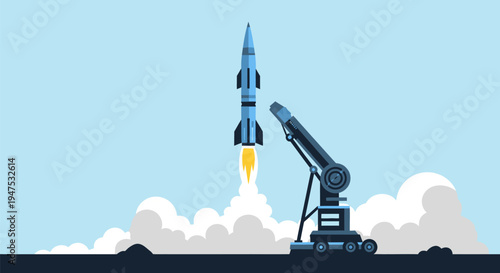 Blue rocket launching from a mobile platform, creating smoke trails against a clear sky. Concept of space exploration, technological innovation, and startup success.