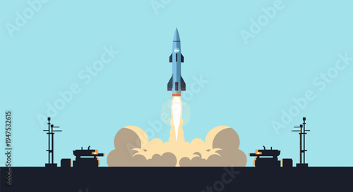 Dynamic flat design illustration of a rocket launching from a pad, symbolizing space exploration, technological innovation, startup success, business growth, and future aspirations.