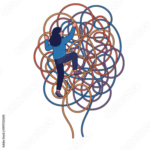 Woman climbing colorful tangled ropes with determination