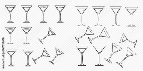 Set of martini glasses, some standing upright and some tilted, on a transparent background.