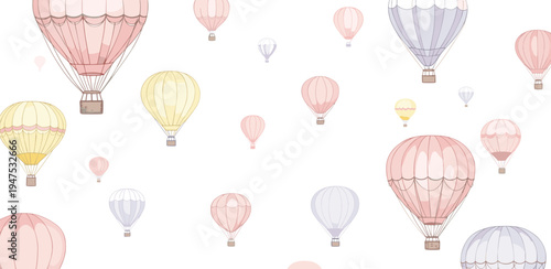 Whimsical illustration of numerous pastel-colored hot air balloons gracefully floating across a clear, light background, evoking a dreamy and enchanting atmosphere, perfect for decorative projects
