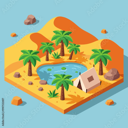 Isometric illustration of a desert oasis with palm trees, a pond, and a tent.