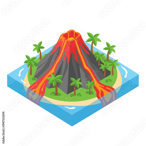 Isometric illustration of a volcanic island with flowing lava and palm trees.