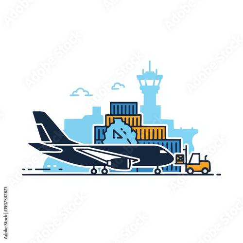 Airplane at airport with shipping containers and forklift