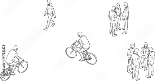 People engaged in various outdoor activities like walking, cycling, and socializing in a casual setting