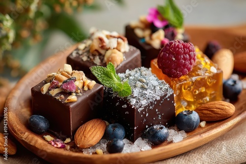Artisan Chocolates on a Wooden Plate Surrounded by Fresh Berries and Nuts, Ideal for Gourmet Dessert Promotions, Food Photography, and Culinary Design