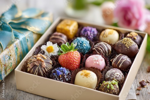 Assorted Gourmet Chocolates in a Elegant Box with Decorative Flowers and Gift Wrapping Showcasing Delicious Treats for Any Special Occasion