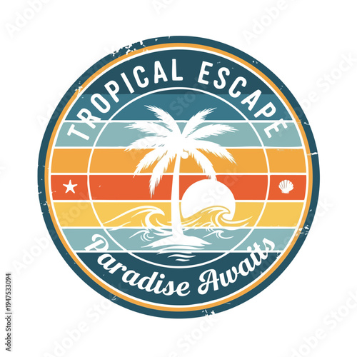 Round logo palm tree on island, waves, sun, stripes, text