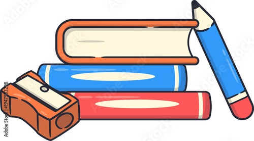 Stacked School Books With Pencil And Sharpener