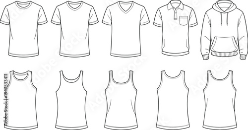 Casual tops sketches, technical flat, fashion illustration, t-shirt designs, polo shirt outline, hoodie drawing, tank top variations, apparel construction, clothing design, wardrobe planning