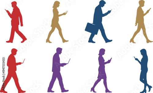 Colorful people silhouettes, walking with devices, smartphone users, laptop posture, modern lifestyle, technology addiction, digital era, urban concept, gadget illustration, tech dependence