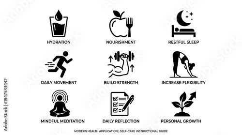 Comprehensive Health and Wellness Icon Set for Self-Care App, Features Hydration, Nourishment, Sleep, Exercise, Meditation, and Personal Growth Illustrations
