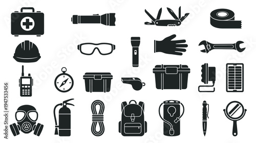 Survival Gear and Emergency Preparedness Icon Set - Collection of Safety and Outdoor Equipment Silhouettes