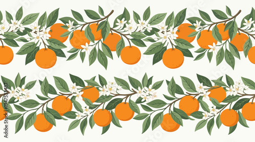 Seamless Orange Tree Branch Pattern with Citrus Fruits and White Blossoms on a Neutral Background, Flat Vector Illustration for Textile or Packaging Design