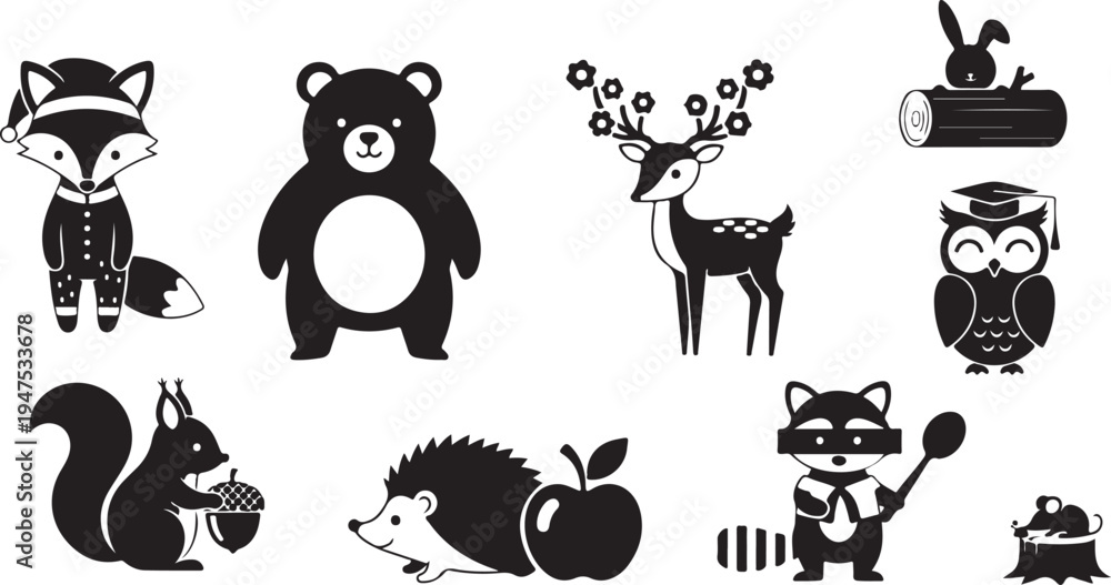 Fototapeta premium Black and white cartoon animals in various poses and activities 4