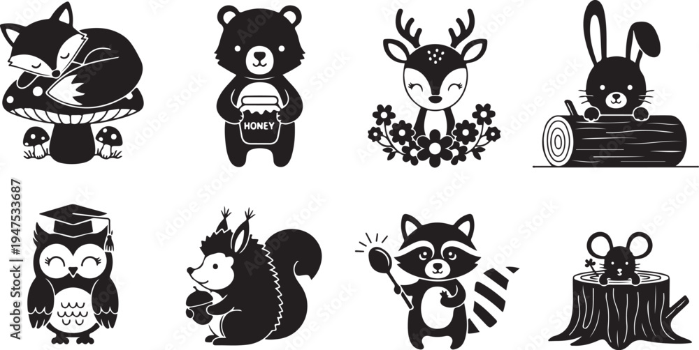 Fototapeta premium Black and white cartoon animals in various poses and activities 2