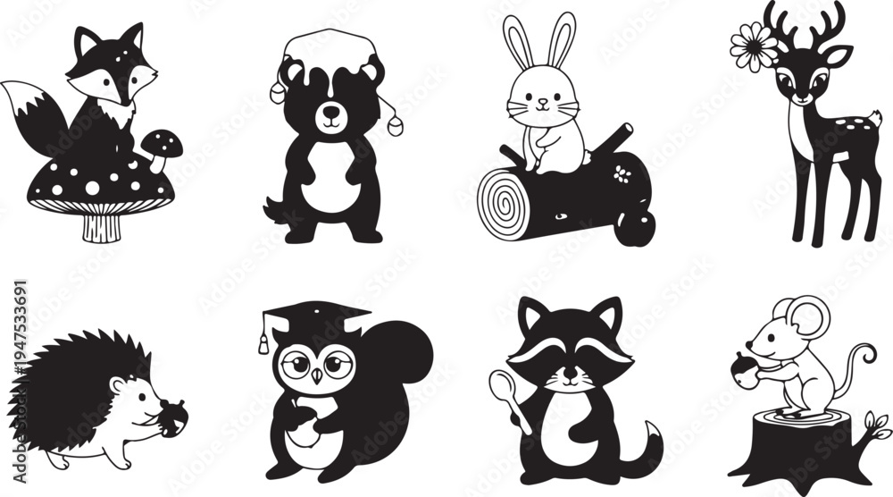 Obraz premium Black and white cartoon animals in various poses and activities