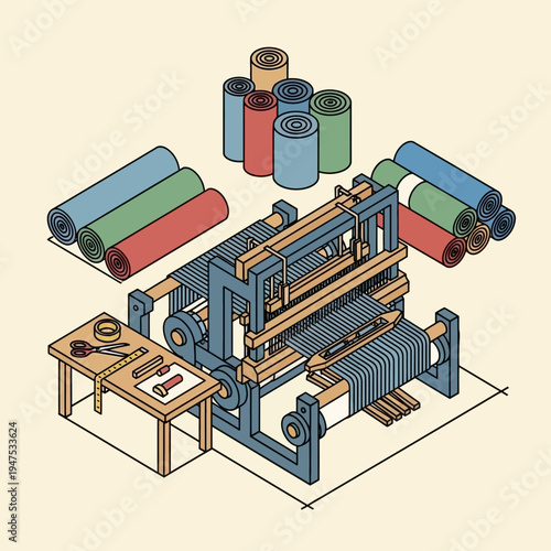 An isometric illustration showcasing a textile loom with rolls of fabric and tools, depicting the weaving process.