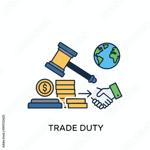 Gavel, coins, and handshake represent global trade and legal agreements