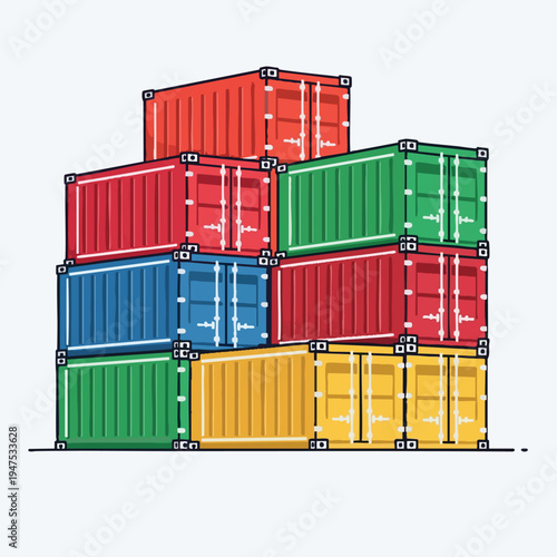 Stacked colorful shipping containers against a white background
