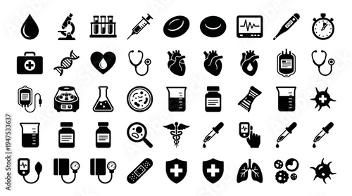 Medical and Laboratory Icon Set - Comprehensive Black Solid Symbols for Healthcare, Science, and Clinical Research