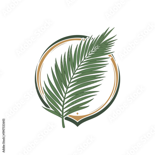Delicate palm frond emerging from an abstract shield within a circular frame