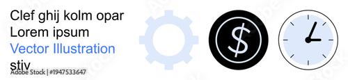 Business solutions, finance, time management, work process, productivity, efficiency. Gear cog, dollar symbol analog clock icons. Business solutions and finance concepts illustrated