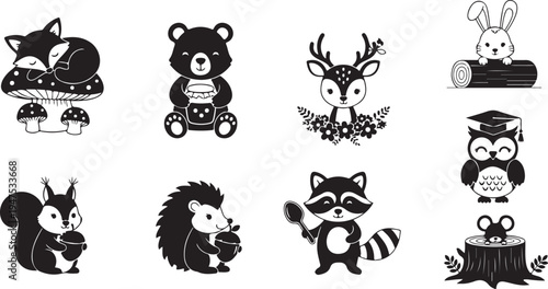 Black and white cartoon animals in various activities and poses 1