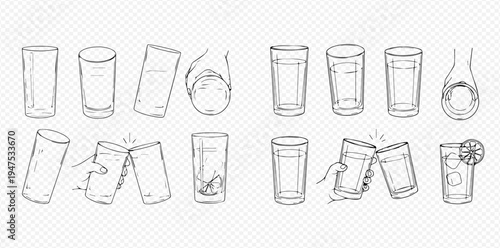 Set of hand-drawn glass cups, empty, full of water, clinking, and with ice and lemon, in various positions.