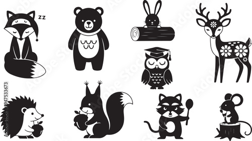 Black and white cartoon animals in various poses and activities 3