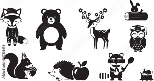 Black and white cartoon animals in various poses and activities 4