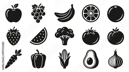 Set of Minimalist Fruit and Vegetable Black Icons, Healthy Organic Food Symbols for Grocery, Cooking, and Nutrition Design