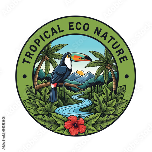 Toucan perched on branch overlooks lush jungle river beneath tropical sunset